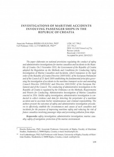 Investigations of Maritime Accidents Involving Passenger Ships in the Republic of Croatia / Biserka Rukavina, Axel Luttenberger