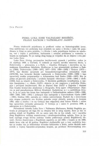 Pisma Luke Zore Valtazaru Bogišiću, Franji Račkom i Vatroslavu Jagiću / Ivo Perić