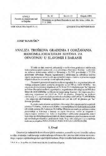 Analiza troškova građenja i održavanja hidromelioracijskih sustava za odvodnju u Slavoniji i Baranji / Josip Marušić