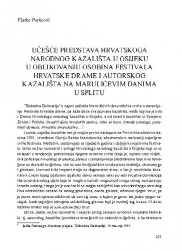 Učešće predstava Hrvatskoga narodnog kazališta u Osijeku u oblikovanju osobina Festivala hrvatske drame i autorskog kazališta na Marulićevim danima u Splitu / Vlatko Perković