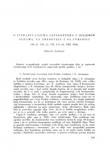 O istraživanjima lepidoptera u Julijskim Alpama na Trebeviću i na Čvrsnici od 21. VII - 27. VII i 9. - 23. VIII 1950 / Z. Lorković