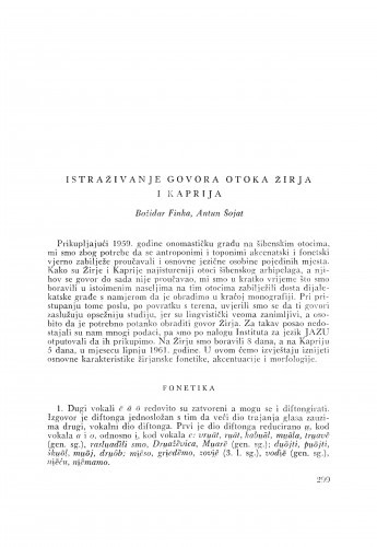Istraživanja govora otoka Žirja i Kaprija / B. Finka i A. Šojat