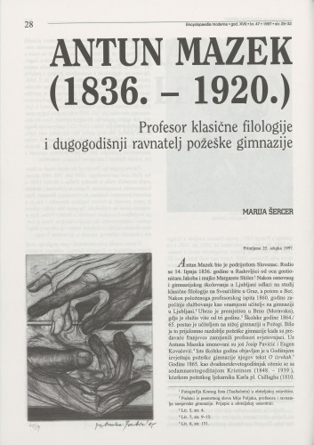 Antun Mazek (1836.-1920.) : profesor klasične filologije i dugogodišnji ravnatelj požeške gimnazije / Marija Šercer