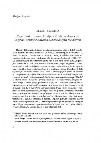Gigantomahia : odjeci Nietzscheove filozofije u Krležinim dramama Legenda, Kristofor Kolumbo i Michelangello Bounarroti / Marijan Varjačić