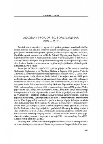 Akademik prof. dr. sc. Boris Kamenar (1929.-2012.) : [in memoriam] / Stanko Popović, Dubravka Matković-Čalogović