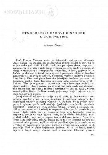 Etnografski radovi u narodu za god. 1951. i 1952. / M. Gavazzi