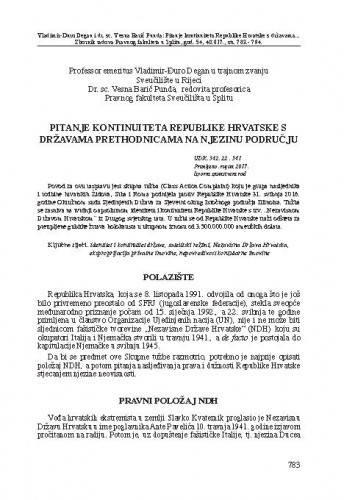 Pitanje kontinuiteta Republike Hrvatske s državama prethodnicama na njezinom području / Vladimir-Đuro Degan ; Vesna Barić Punda