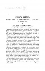 Svečana sjednica Jugoslavenske akademije znanosti i umjetnosti 27. listopada 1870. : (1. Besjeda predsjednikova; 2. Izvještaj tajnikov; 3. Vukotinović, Ljudevit: O petrefaktih (okaminah) u obće i o podzemskoj Fauni i Flori Susedskih laporah)