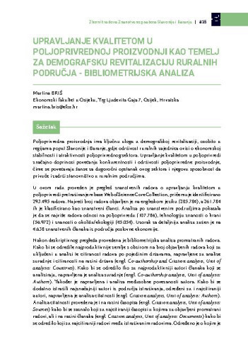Upravljanje kvalitetom u poljoprivrednoj proizvodnji kao temelj za demografsku revitalizaciju ruralnih područja - bibliometrijska analiza / Martina Briš