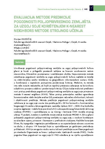 Evaluacija metode predikcije pogodnosti poljoprivrednog zemljišta za uzgoj soje korištenjem K-nearest neighbors metode strojnog učenja / Dorijan Radočaj, Mladen Jurišić