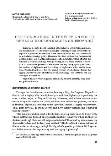 Decision-Making in the Foreign Policy of Early Modern Ragusa (Dubrovnik) / Lovro Kunčević