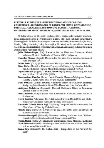 Bukurešt, Rumunjska – International Musicological Conference »Soundtracks of Power: The Nexus of Film Music, Political Narratives and Moving Images«, National University of Music Bucharest, Auditorium Hall, 28-30. 11. 2024. : [izvješće] / Stanislav Tuksar