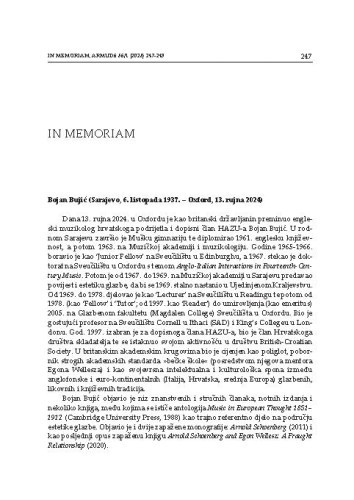 Bojan Bujić (Sarajevo, 6. listopada 1937. – Oxford, 13. rujna 2024)
 : in memoriam / Stanislav Tuksar