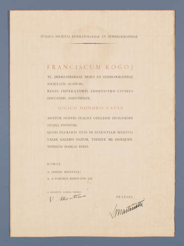 Povelja počasnog člana Talijanskog dermatološkog društva Franji Kogoju