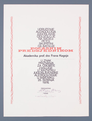 Povelja počasnog predsjednika Udruženja alergologa Jugoslavije Franu Kogoju