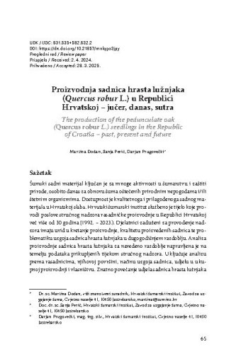 Proizvodnja sadnica hrasta lužnjaka (Quercus robur L.) u Republici Hrvatskoj – jučer, danas, sutra
/ Martina Đodan, Sanja Perić, Darjan Prugovečki