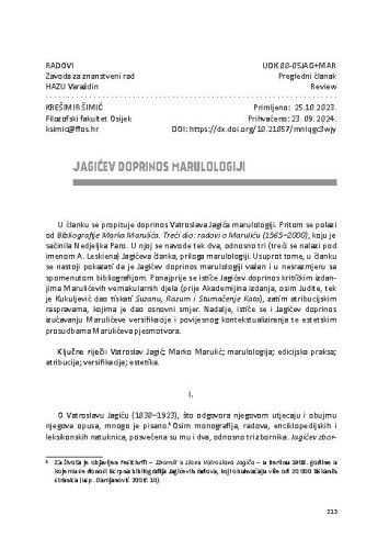 Jagićev doprinos marulologiji / Krešimir Šimić