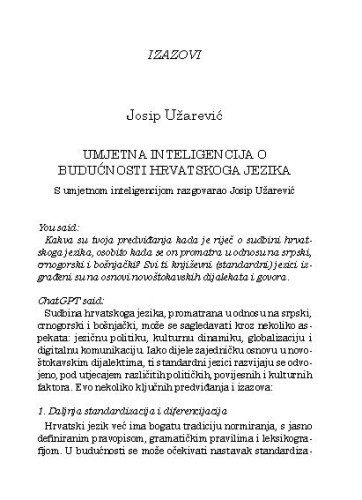 Umjetna inteligencija o budućnosti hrvatskoga jezika : s umjetnom inteligencijom razgovarao Josip Užarević / Josip Užarević
