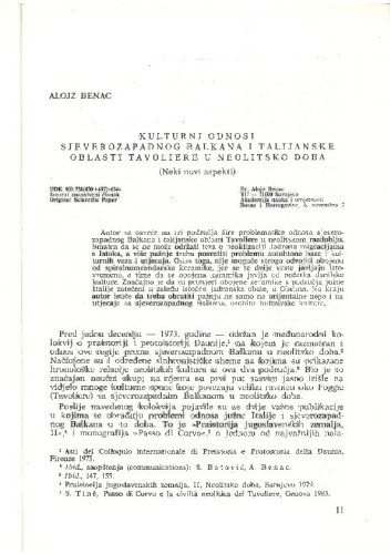 Kulturni odnosi sjeverozapadnog Balkana i talijanske oblasti Tavoliere u neolitsko doba / Alojz Benac