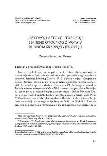 Lastovo, Lastovci, tradicije i mijene otočnog života u burnom srednjovjekovlju / Zdenka Janeković Römer