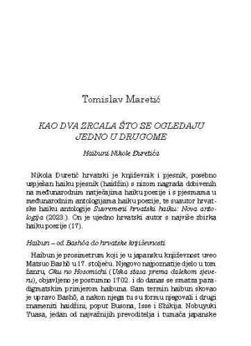 Kao dva zrcala što se ogledaju jedno u drugome : Haibuni Nikole Đuretića / Tomislav Maretić