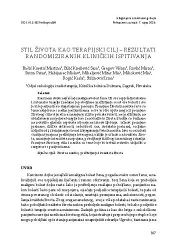 Stil života kao terapijski cilj – rezultati randomiziranih kliničkih ispitivanja / Martina Bašić Koretić, Sara Bilić Knežević, Višnja Gregov, Mirna Ravlić, Petar Suton, Mislav Habijanec, Mia Mihaljević Mitar, Mia Mihoković, Karla Rogić, Irma Stilinović