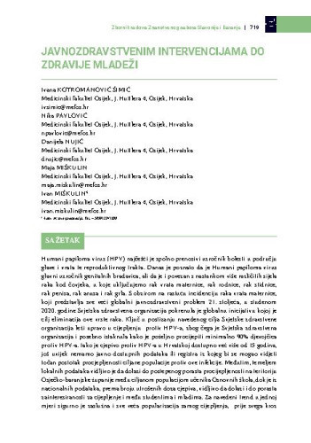 Javnozdravstvenim intervencijama do zdravije mladeži / Ivana Kotromanović Šimić, Nika Pavlović, Danijela Nujić, Maja Miškulin, Ivan Miškulin