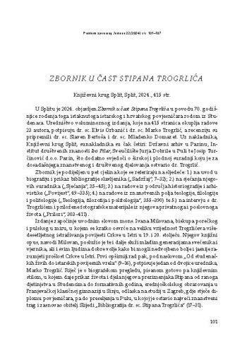 
Zbornik u čast Stipana Trogrlića, Književni krug Split, Split, 2024. : [prikaz] / Milan Radošević