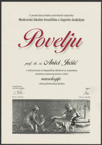 Povelja Medicinskog fakulteta Sveučilišta u Zagrebu Anici Jušić 