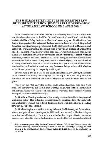 The William Tetley Lecture on Maritime Law Delivered by the Hon. Justice Sarah Derrington at Tulane Law School on 3 April 2024 : [prikaz] / Adriana V. Padovan