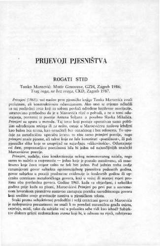 Prijevoji pjesništva : Rogati stid   : Tonko Maroević: Motiv Genoveve, GZH, Zagreb 1986; Trag roga, ne bez vraga, CKD, Zagreb 1987. / Zvonimir Mrkonjić