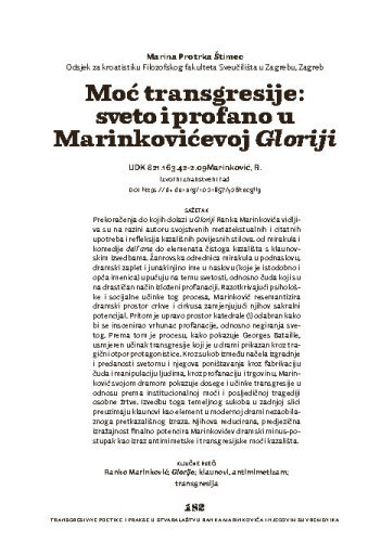 Moć transgresije: sveto i profano u Marinkovićevoj Gloriji / Marina Protrka Štimec