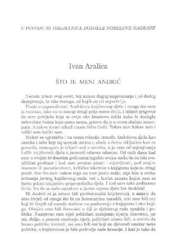 Što je meni Andrić : u povodu 50. obljetnice dodjele Nobelove nagrade / Ivan Aralica