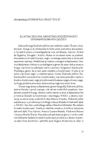 Zlatna dolina hrvatske književnosti : uspomeni Dubravka Jelčića / Dubravka Oraić Tolić