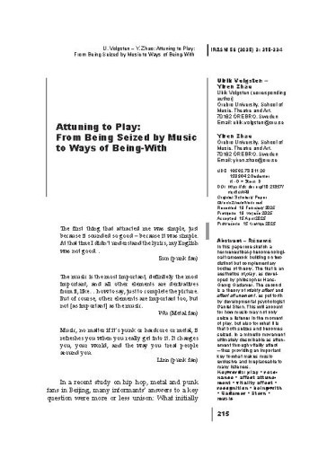 Attuning to Play: From Being Seized by Music to Ways of Being-With / Ulrik Volgsten, Yiren Zhao