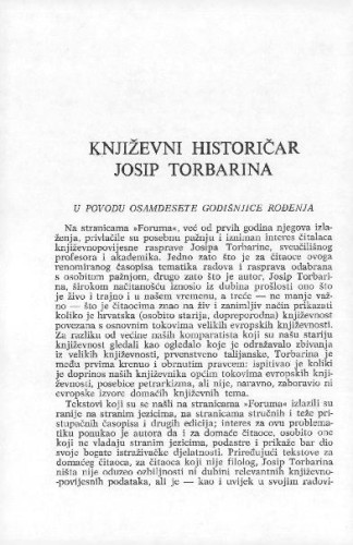 Književni historičar Josip Torbarina : u povodu osamdesete godišnjice rođenja / J. Bratulić