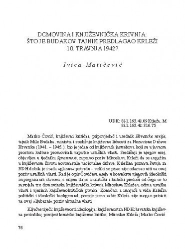 Domovina i književnička krivnja: Što je Budakov tajnik predlagao Krleži 10. travnja 1942? / Ivica Matičević