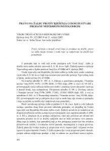 Pravo na žalbu protiv rješenja o dosudi stvari prodane neposrednom pogodbom : [prikaz presude] / Vesna Skorupan Wolff