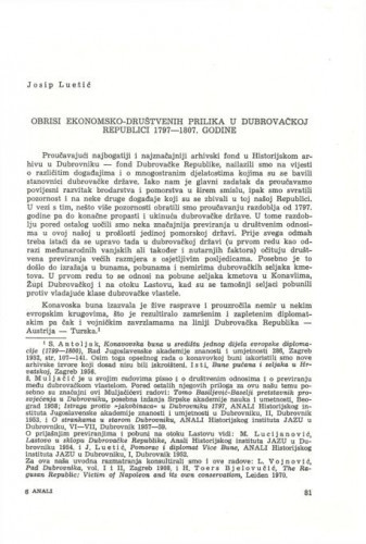 Obrisi ekonomsko-društvenih prilika u dubrovačkoj Republici 1797-1807. godine / Josip Luetić