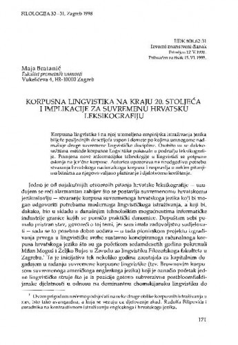 Korpusna lingvistika na kraju 20. stoljeća i implikacije za hrvatsku leksikografiju / Maja Bratanić