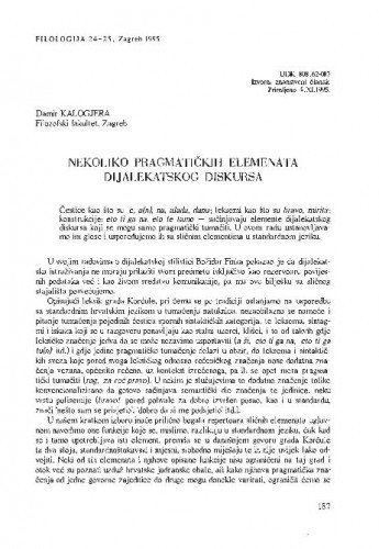 Nekoliko pragmatičkih elemenata dijalekatskog diskursa / Damir Kalogjera