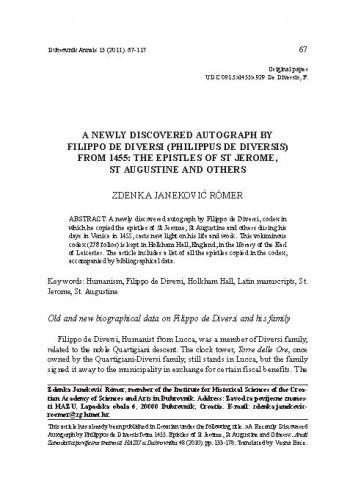A newly discovered autograph by Filippo de Diversi (Philippus de Diversis) from 1455: The epistles of St Jerome, St Augustine and others / Zdenka Janeković Römer