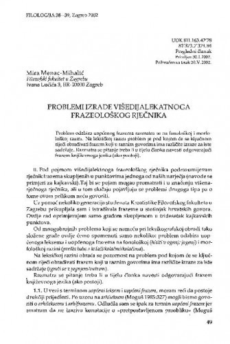 Problemi izrade višedijalekatnoga frazeološkog rječnika / Mira Menac-Mihalić