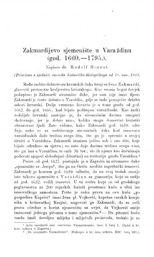 Zakmardijevo sjemenište u Varaždinu : (god. 1660.-1795.) / R. Horvat