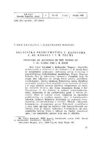Akustička problematika u radovima F. Ks. Kuhača i I. B. Zocha / Vjera Katalinić, Aleksandra Wagner