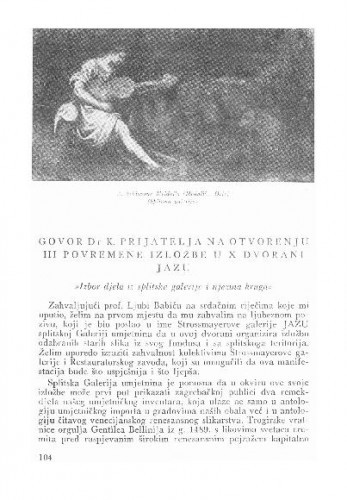 Govor Dr K. Prijatelja na otvorenju III povremene izložbe u X dvorani JAZU / K. Prijatelj
