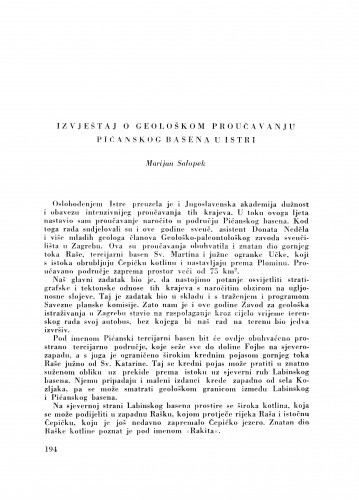 Izvještaj o geološkom proučavanju Pićanskog basena u Istri / M. Salopek
