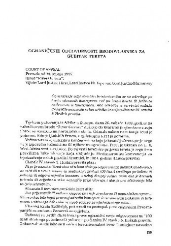 Ograničenje odgovornosti brodovlasnika za gubitak tereta : [prikaz presude i komentar] / Dino Pinjo