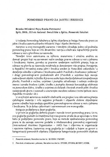 Pomorsko pravo za jahte i brodice  (autorice: B.Milošević Pujo, R.Petrinović)  (Pomorski fakultet Sveučilišta u Splitu, 2008.) : [prikaz knjige] / Vesna Skorupan Wolff