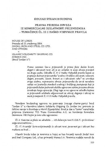 Pravna priroda obveza iz komercijalne djelatnosti prijevoznika - tumačenje čl. III 2 Haško-Visbyskih pravila : [prikaz presude] / Ivana Oršulić